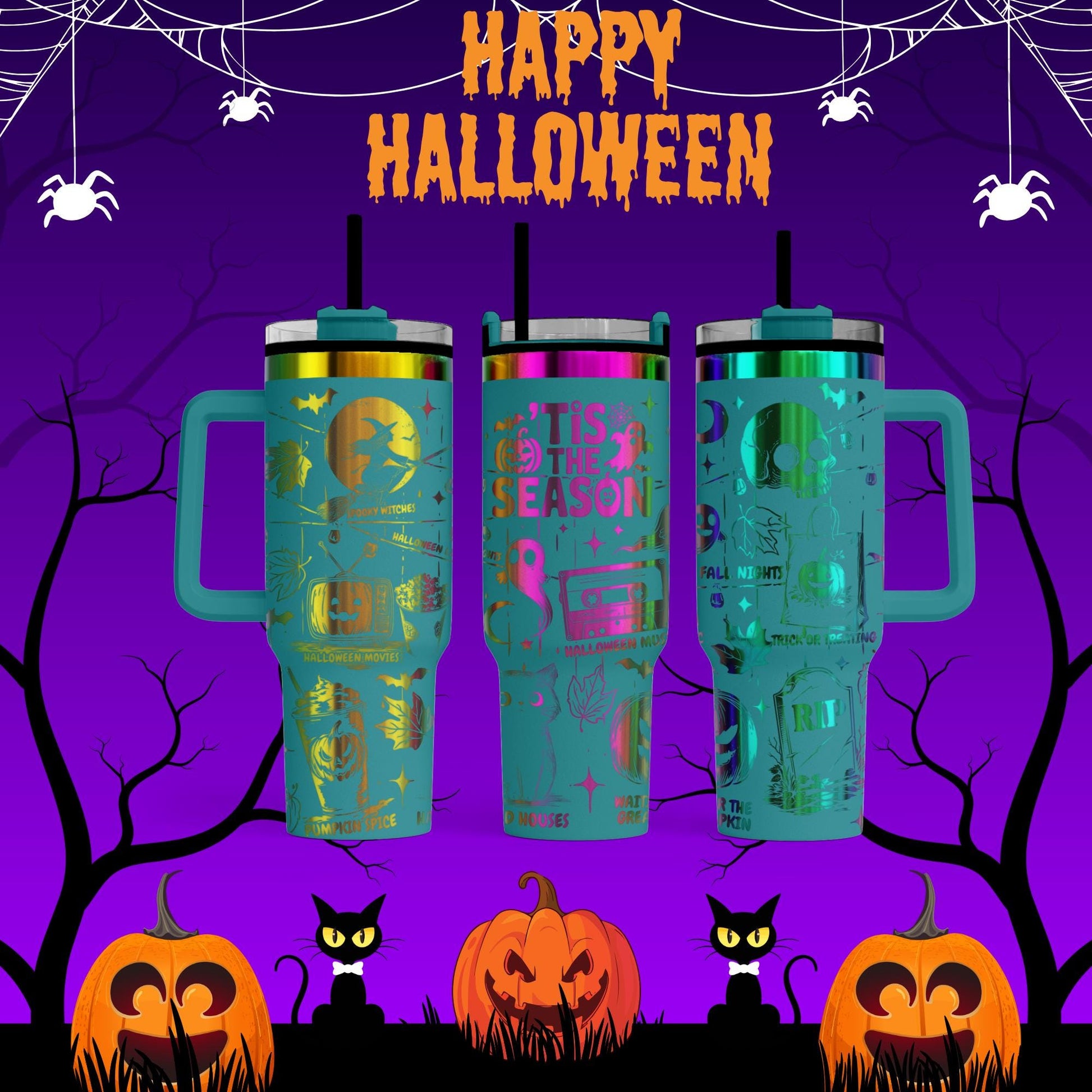 A Halloween-themed image featuring three colorful tumblers with spooky designs, surrounded by pumpkins, black cats, and a spider web. The text "HAPPY HALLOWEEN" is displayed above the tumblers, and the overall color scheme is dark and moody, with a purple background.