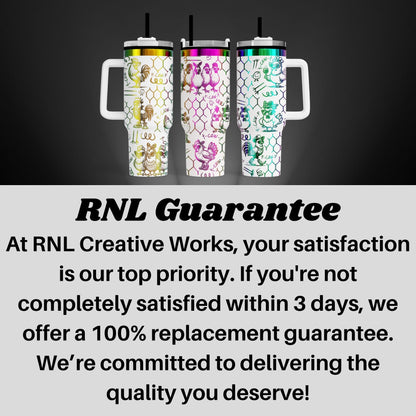 three colorful, patterned tumblers with handles, arranged in a row against a dark background.