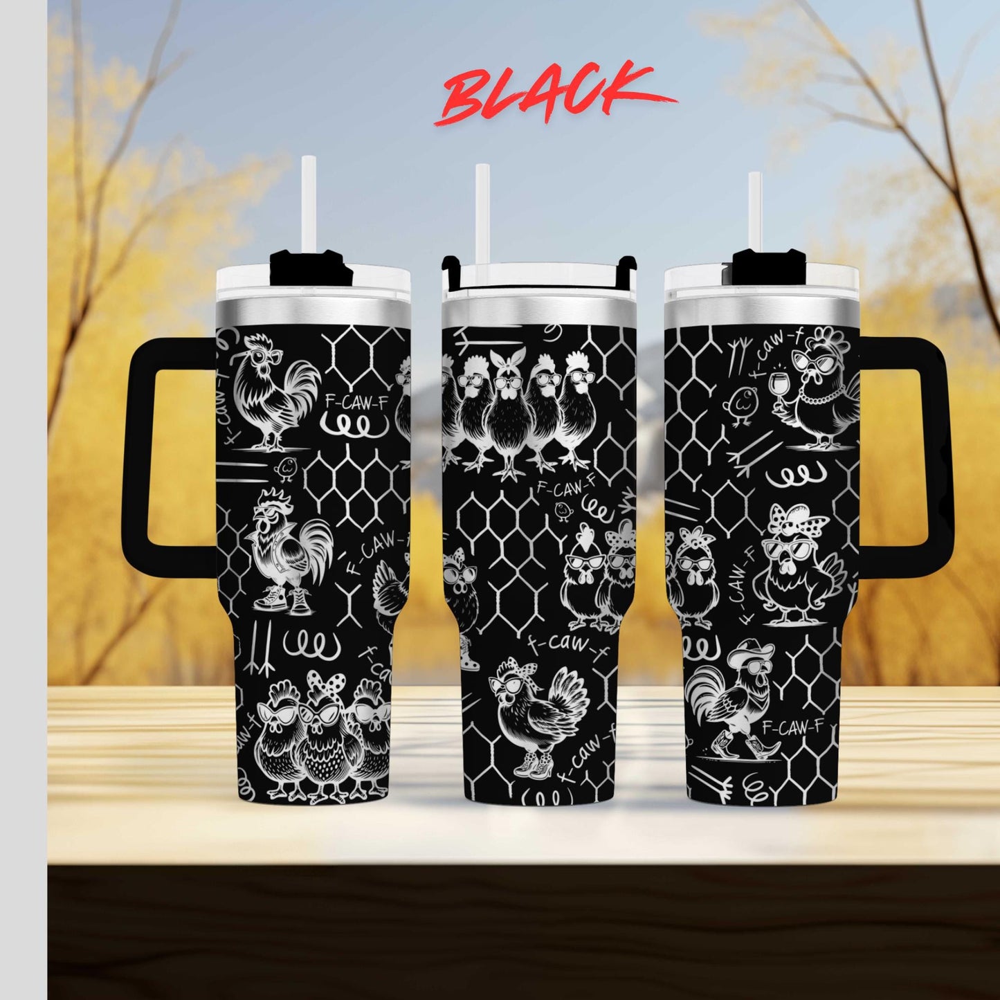 Funny Chicken 40oz Tumbler, F-CAW-F Engraved Cup, Farmhouse Gift, Insulated Travel Mug with Handle, Custom Barnyard Drinkware