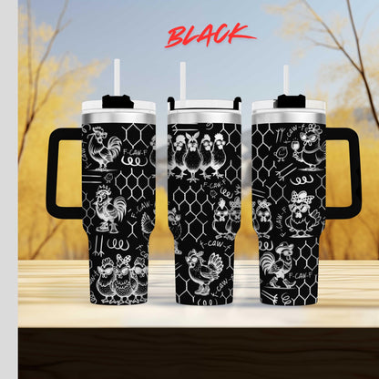 Funny Chicken 40oz Tumbler, F-CAW-F Engraved Cup, Farmhouse Gift, Insulated Travel Mug with Handle, Custom Barnyard Drinkware