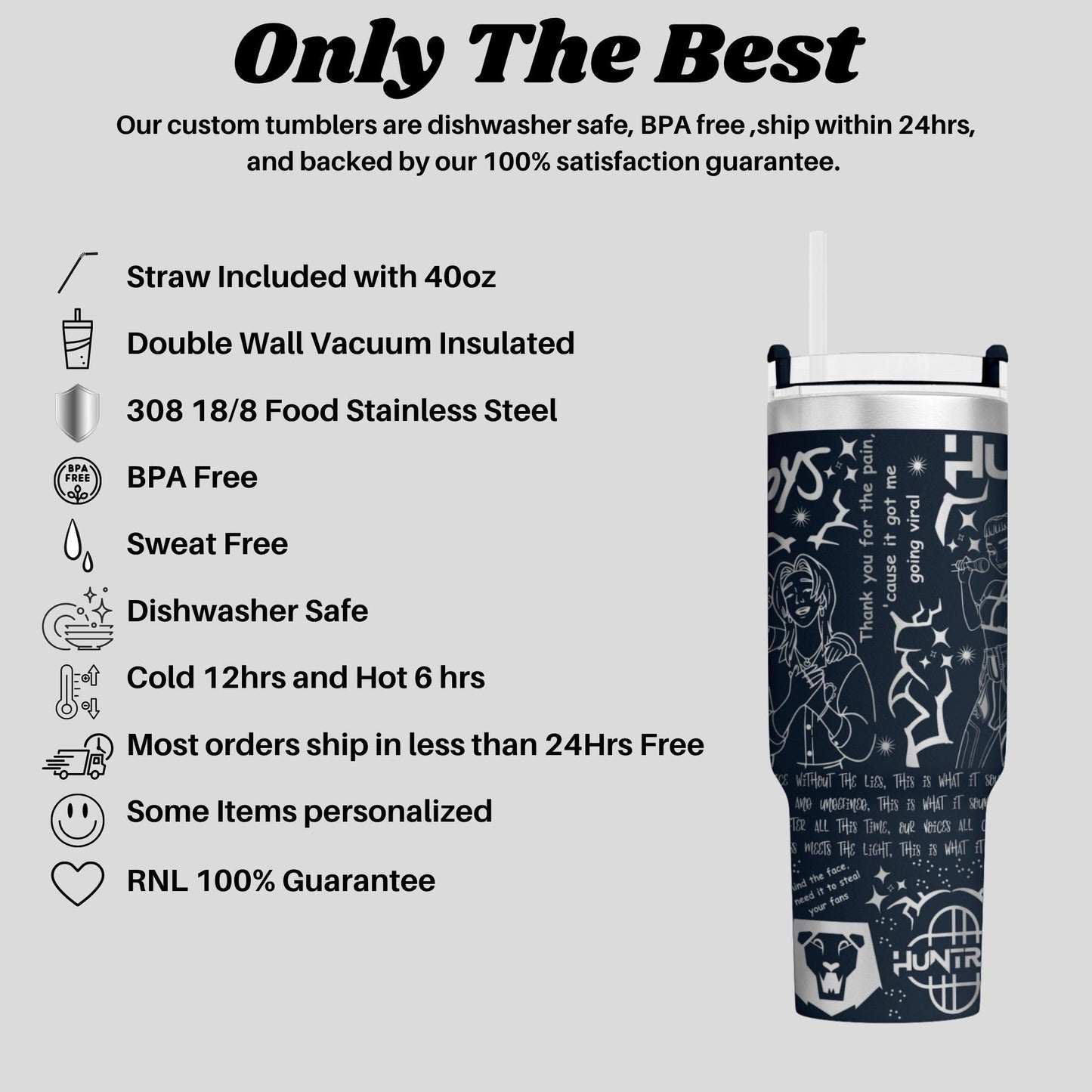 The image is a promotional image for a company that sells custom tumblers. It features a close-up of a black and white tumbler with various features and information about the product.