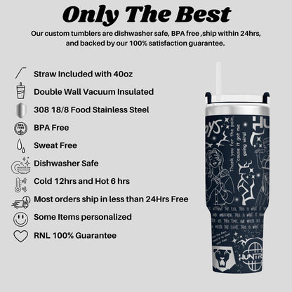 The image is a promotional image for a company that sells custom tumblers. It features a close-up of a black and white tumbler with various features and information about the product.