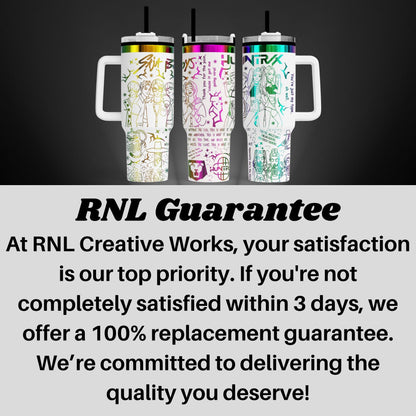 three colorful stainless steel tumblers with various designs and text, including a guarantee offer from RNL Creative Works.