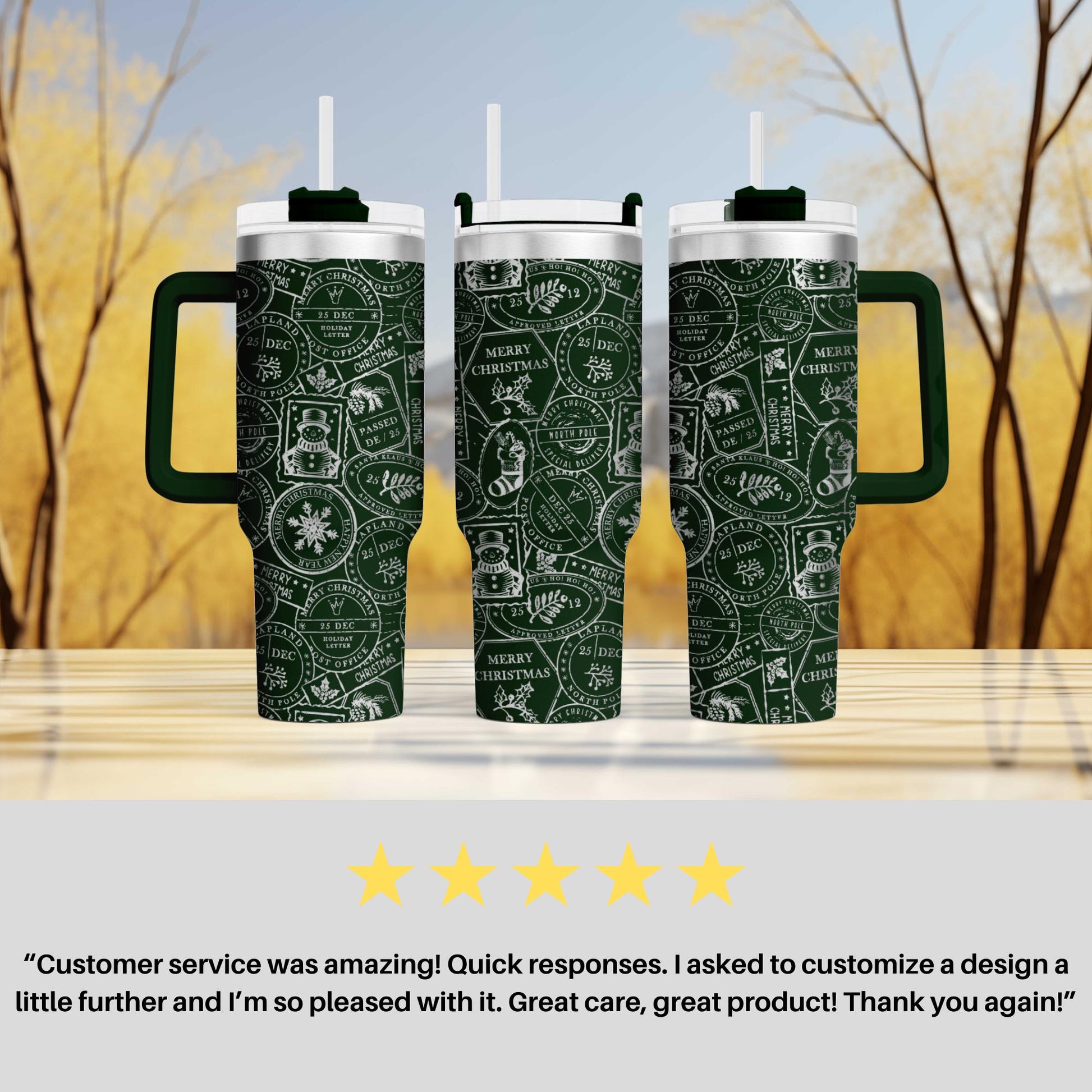 three green and white patterned tumblers with handles, placed on a wooden surface against a blurred background of trees.