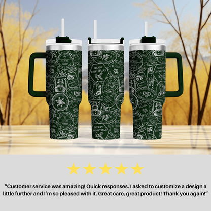 three green and white patterned tumblers with handles, placed on a wooden surface against a blurred background of trees.
