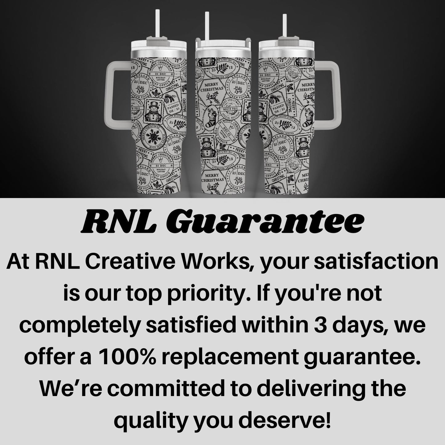 three stainless steel tumblers with a repeating pattern of black and white designs, arranged in a row against a dark background.