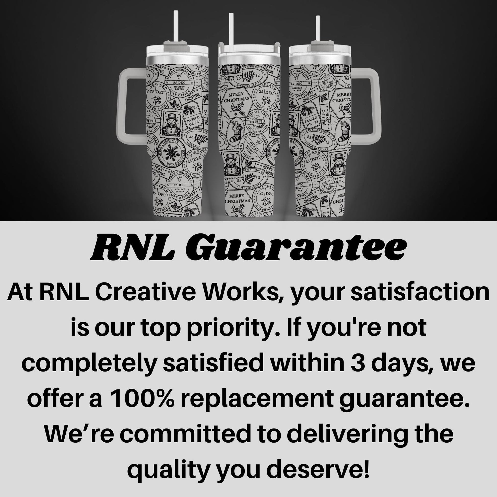 three stainless steel tumblers with a repeating pattern of black and white designs, arranged in a row against a dark background.