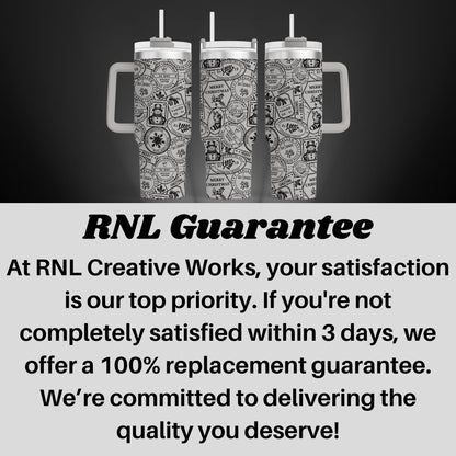 three stainless steel tumblers with a repeating pattern of black and white designs, arranged in a row against a dark background.