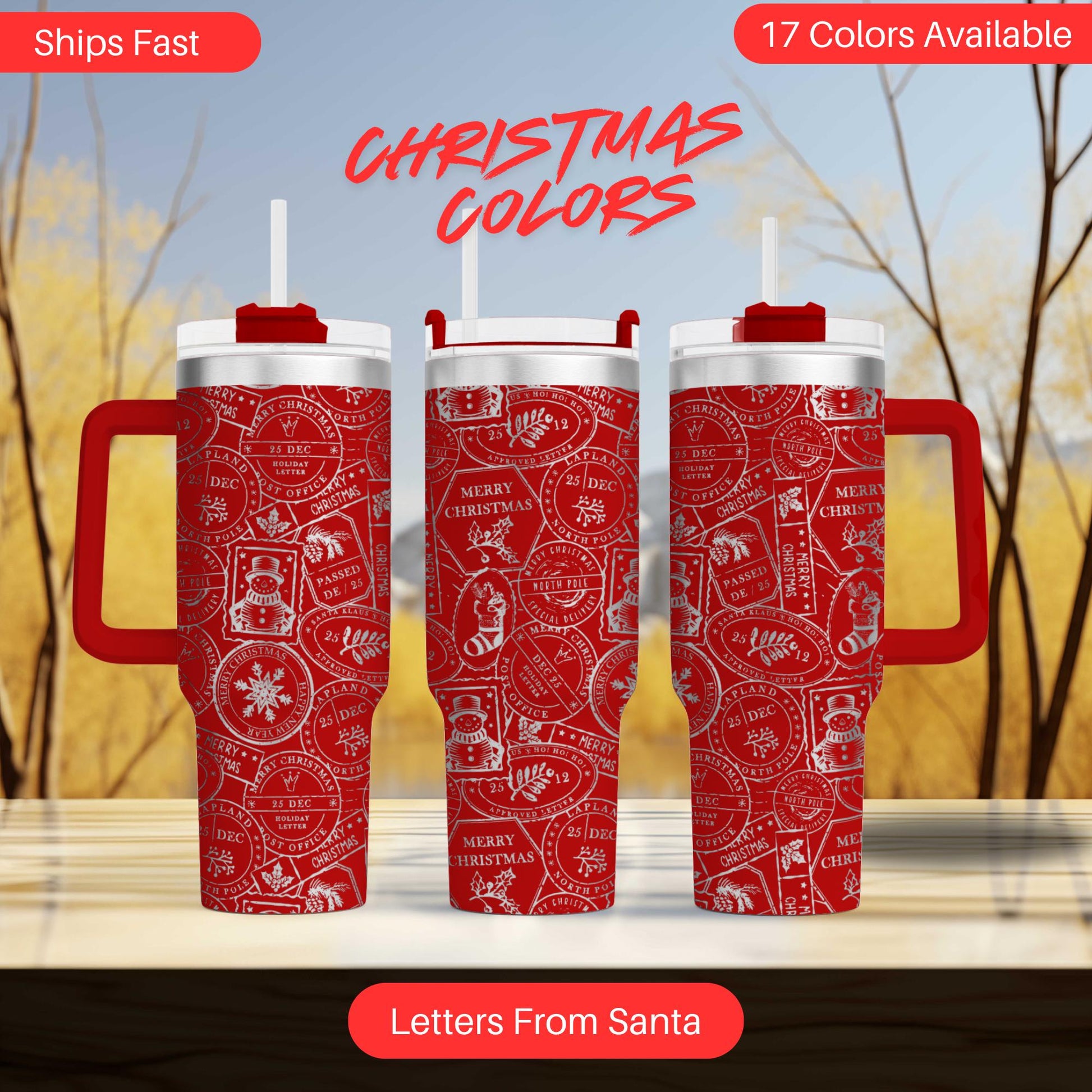 three red and white Christmas-themed tumblers with the text "Christmas Colors" displayed prominently.