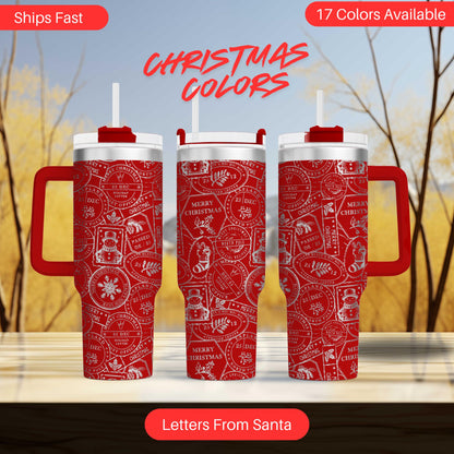 three red and white Christmas-themed tumblers with the text "Christmas Colors" displayed prominently.