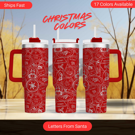 three red and white Christmas-themed tumblers with the text "Christmas Colors" displayed prominently.