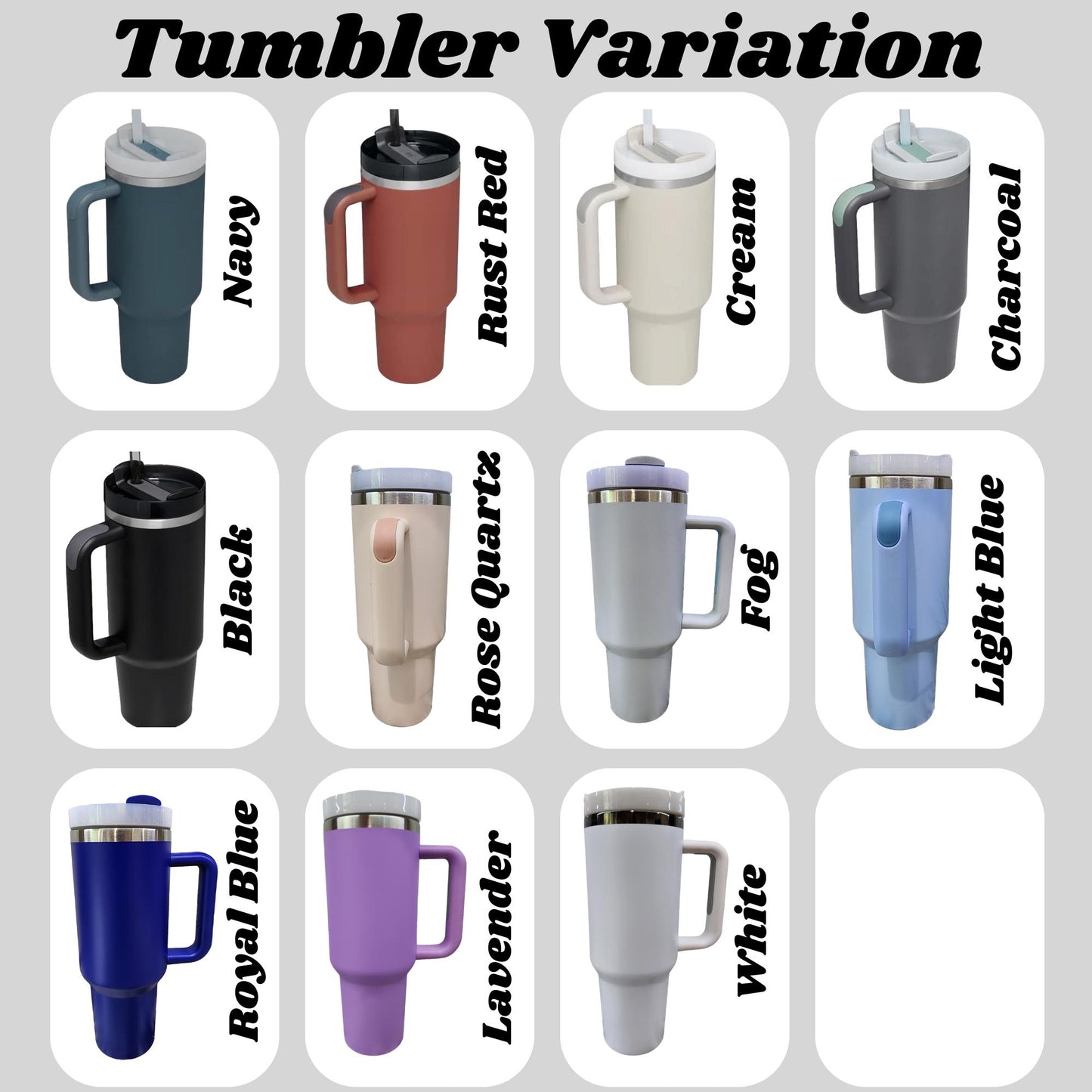 a collection of twelve different colored tumblers, each with a unique handle color and design.