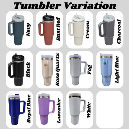 a collection of twelve different colored tumblers, each with a unique handle color and design.