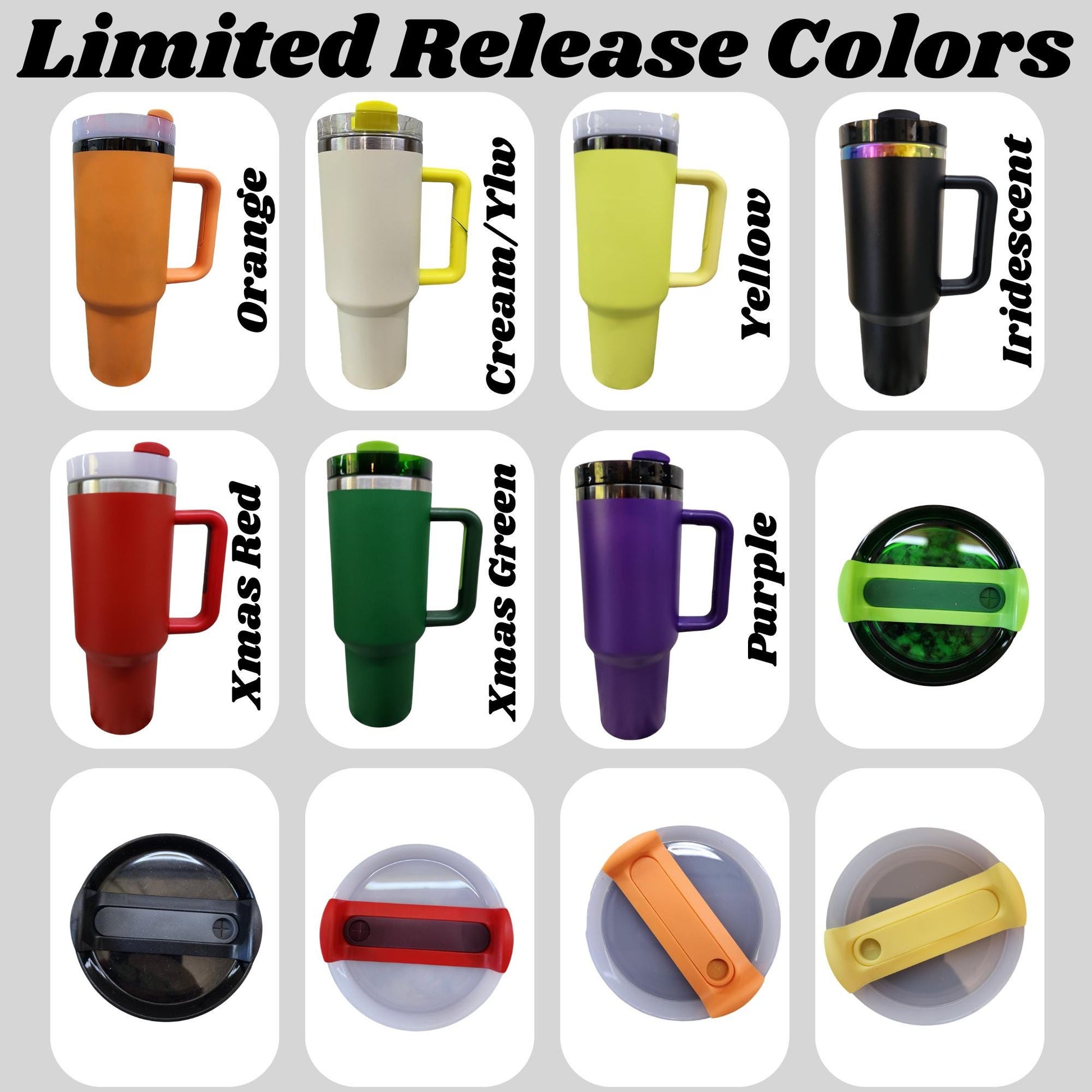 a collection of colorful insulated travel mugs, each with a unique color and design.