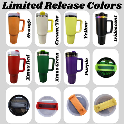 a collection of colorful insulated travel mugs, each with a unique color and design.