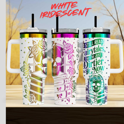 three colorful tumblers with various designs and text on them.