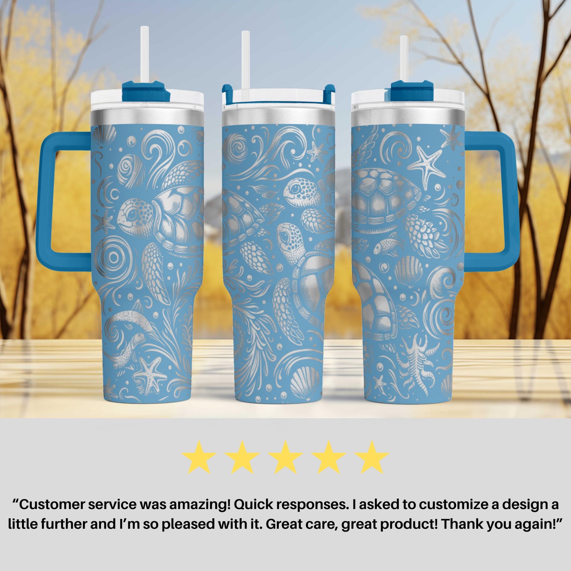 three blue and silver tumblers with intricate designs, including stars, shells, and other marine-themed elements. The tumblers have blue handles and lids, and the background is blurred, suggesting a natural setting with trees. The image includes a customer review expressing satisfaction with the customer service and the quality of the product.
