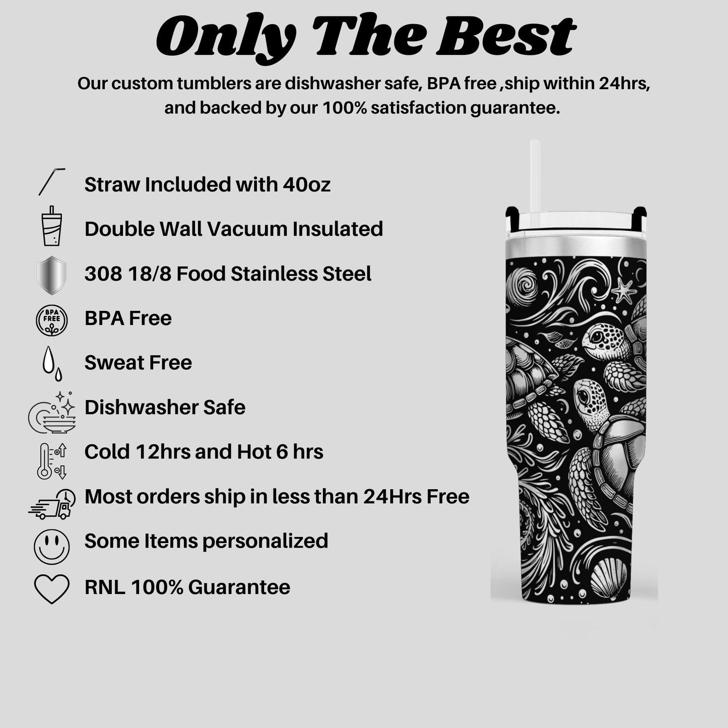 a black and white image of a stainless steel tumbler with a detailed design, accompanied by text describing the features and benefits of the product.