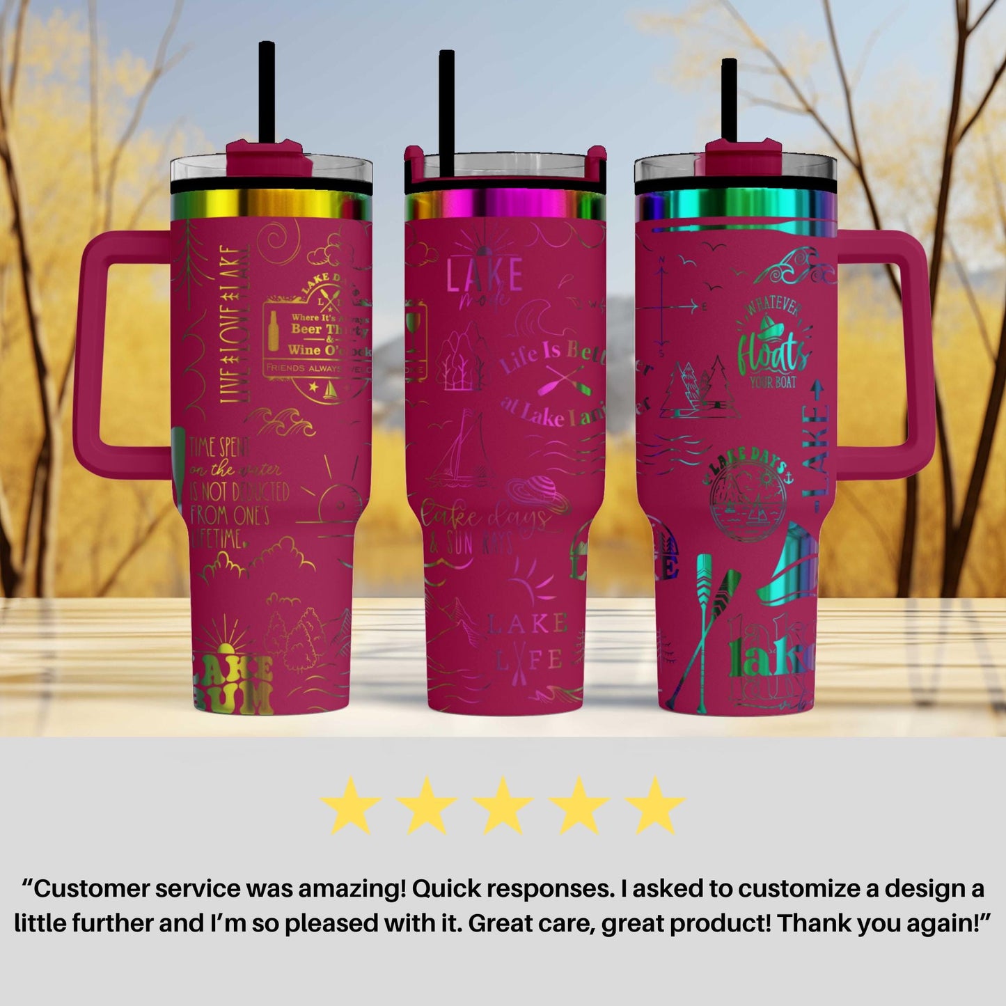 three pink tumblers with various designs and text on them, placed against a blurred background of trees.