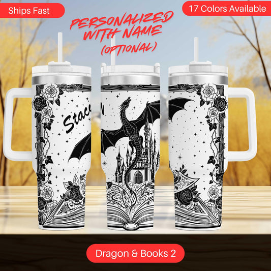 three personalized tumblers with dragon and book designs, available in various colors.