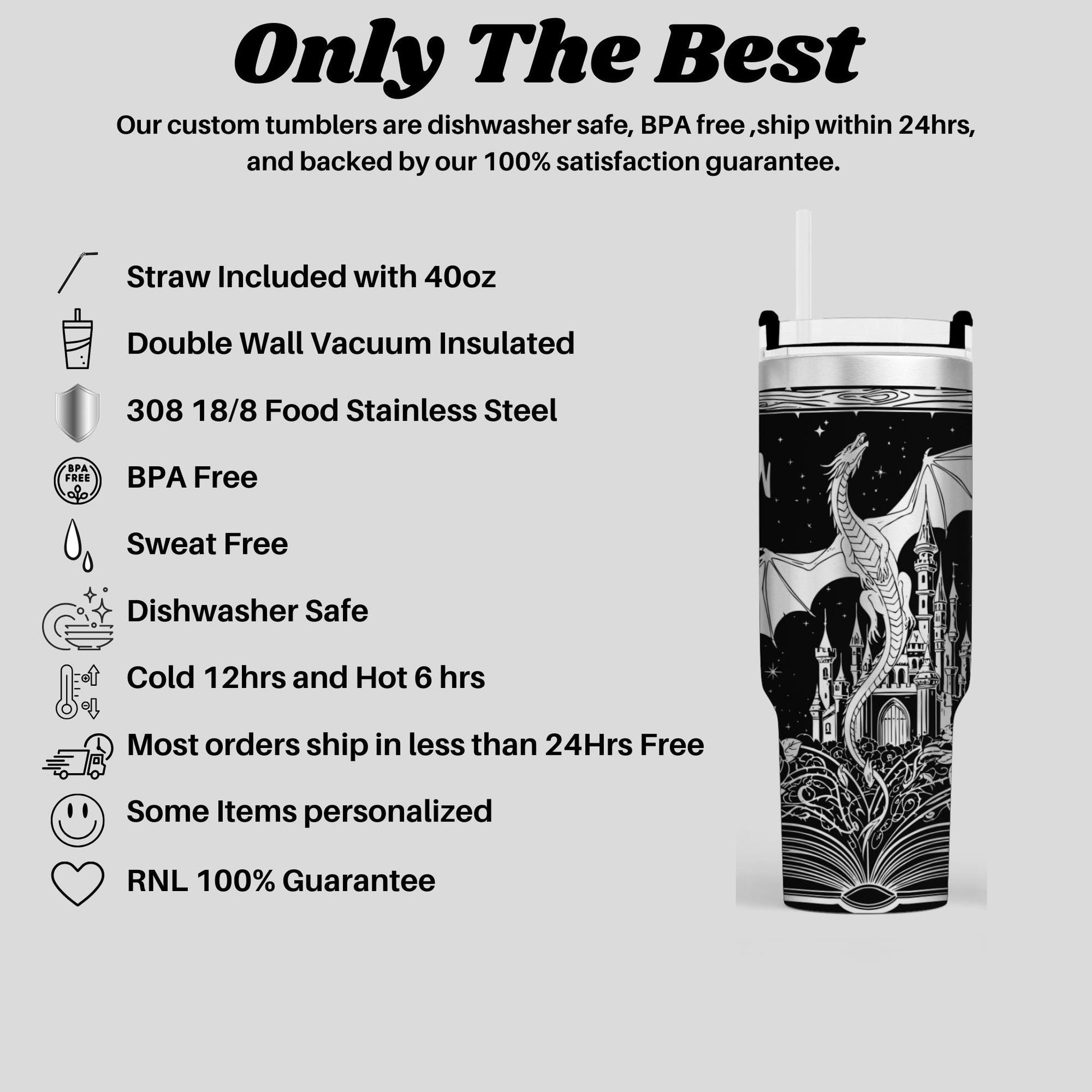 a black and white illustration of a stainless steel tumbler with a dragon design, accompanied by text describing the features and benefits of the product.