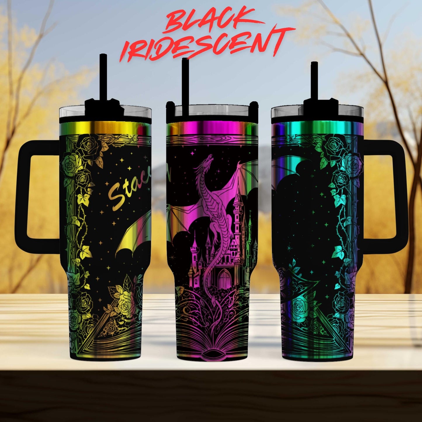 three colorful, iridescent tumblers with unique designs and patterns.