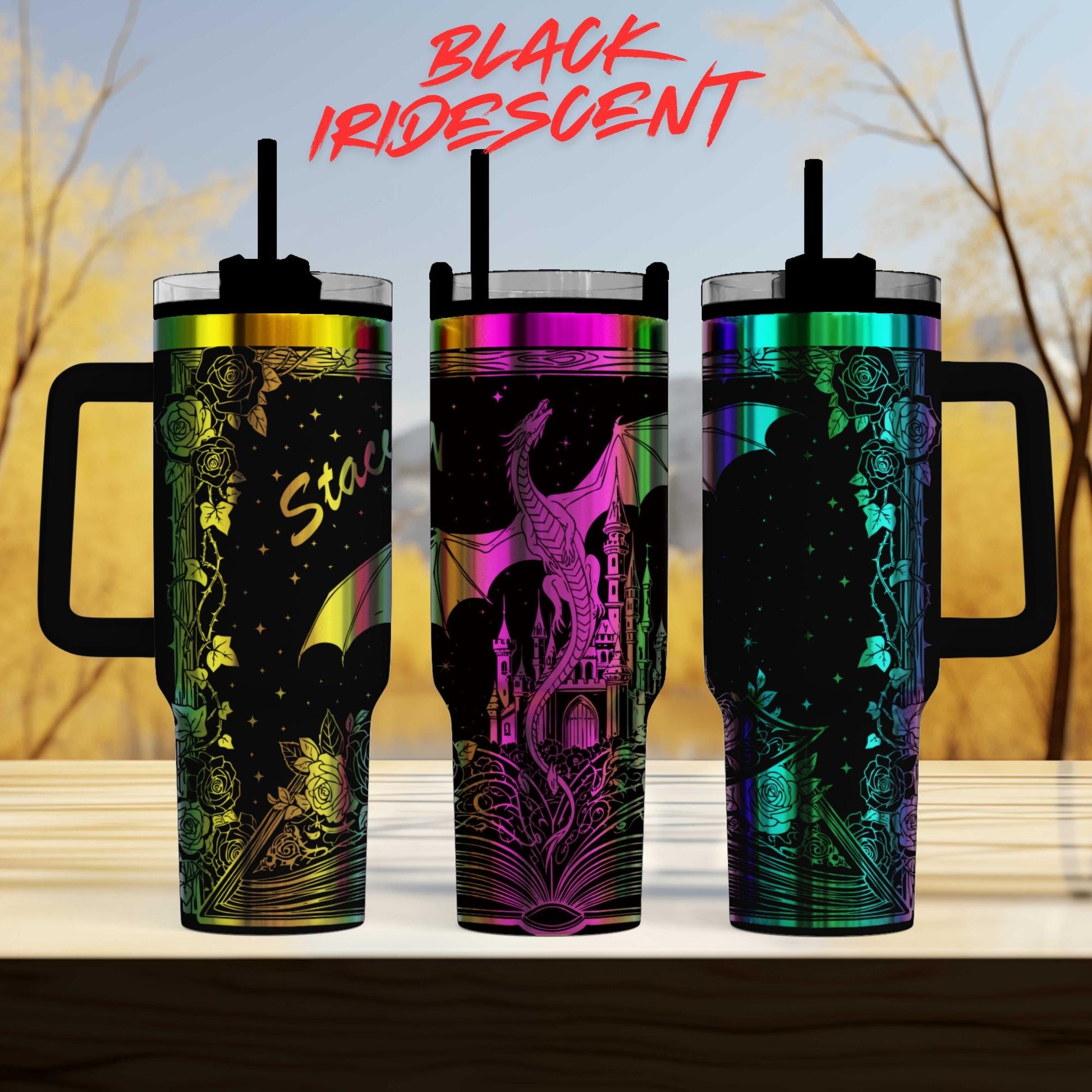 three colorful, iridescent tumblers with unique designs and patterns.