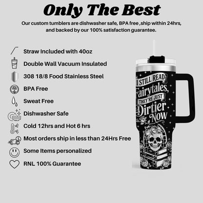 a black and white advertisement for custom tumblers, highlighting their safety features and satisfaction guarantee.
