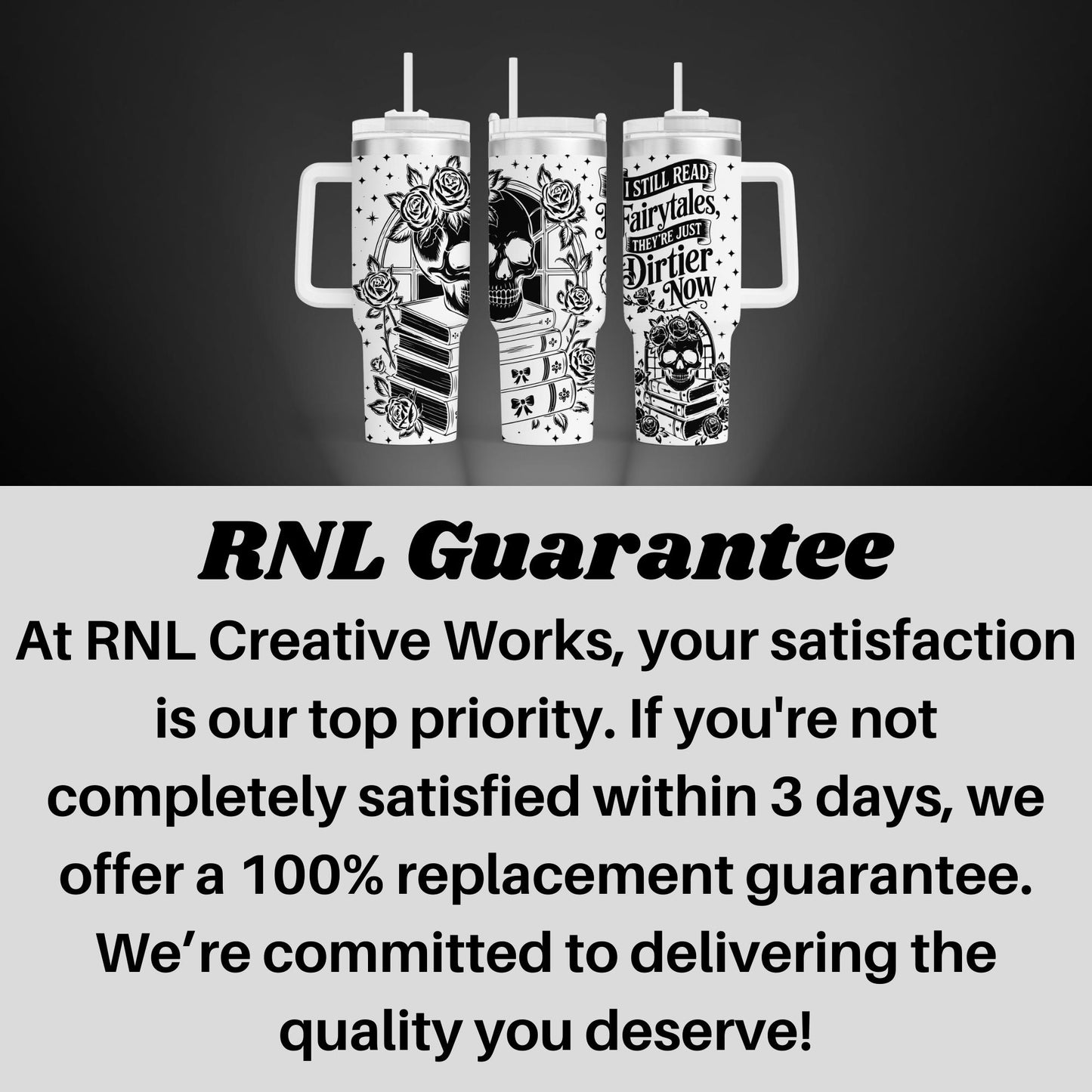 three white cups with black designs and text, arranged in a row against a black background.