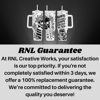three white cups with black designs and text, arranged in a row against a black background.