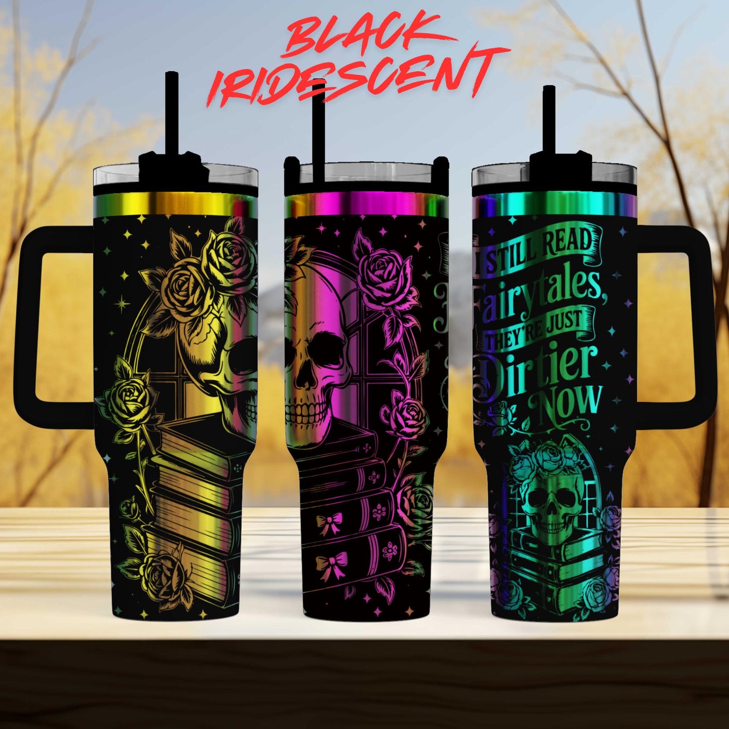 three colorful tumblers with various designs and text on them.