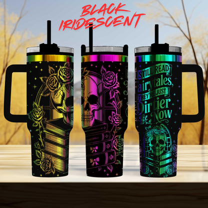 three colorful tumblers with various designs and text on them.