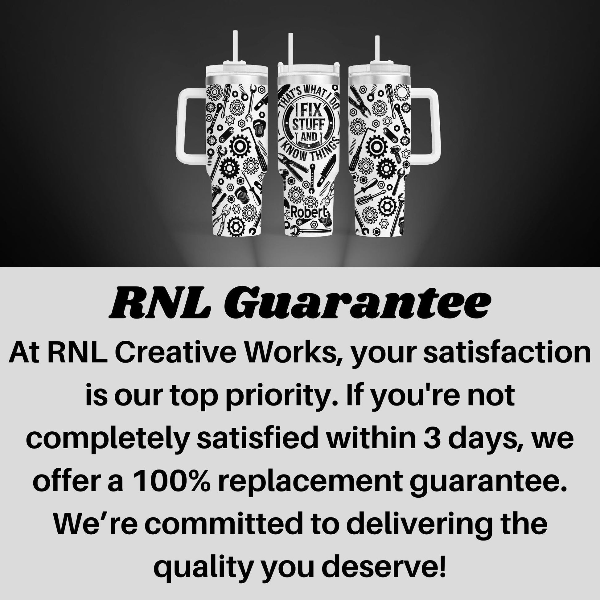 three black and white mugs with various designs and text, including the words "RNL Creative Works" and "Guarantee".