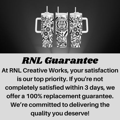 three black and white mugs with various designs and text, including the words "RNL Creative Works" and "Guarantee".