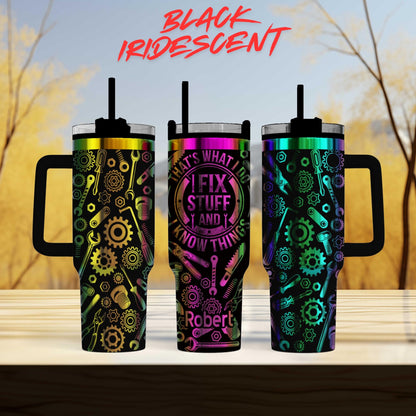 three colorful, patterned tumblers with various designs and text on them.