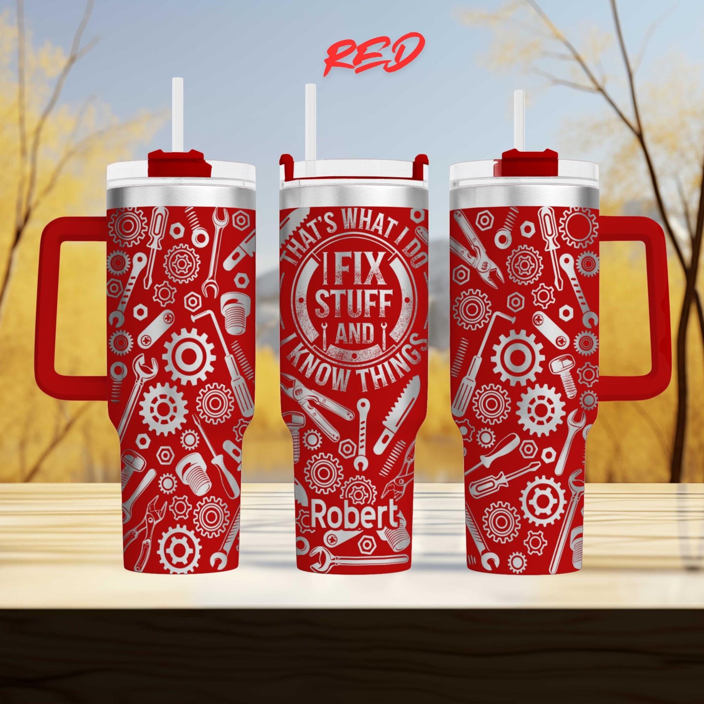 three red insulated tumblers with various tools and machinery printed on them.