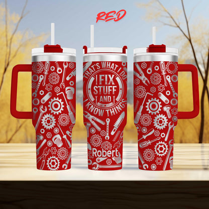 three red insulated tumblers with various tools and machinery printed on them.
