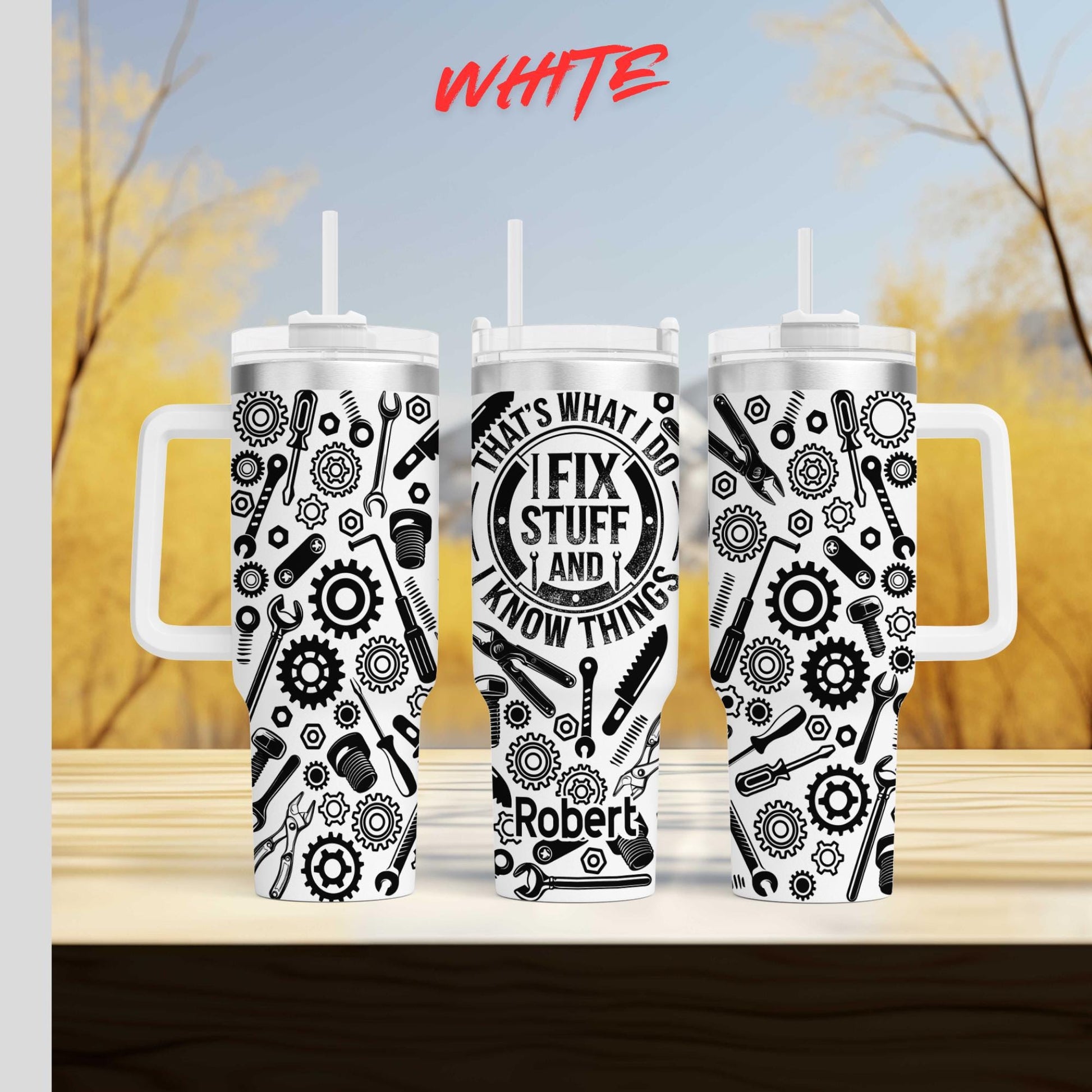 three black and white tumblers with various tools and machinery printed on them.