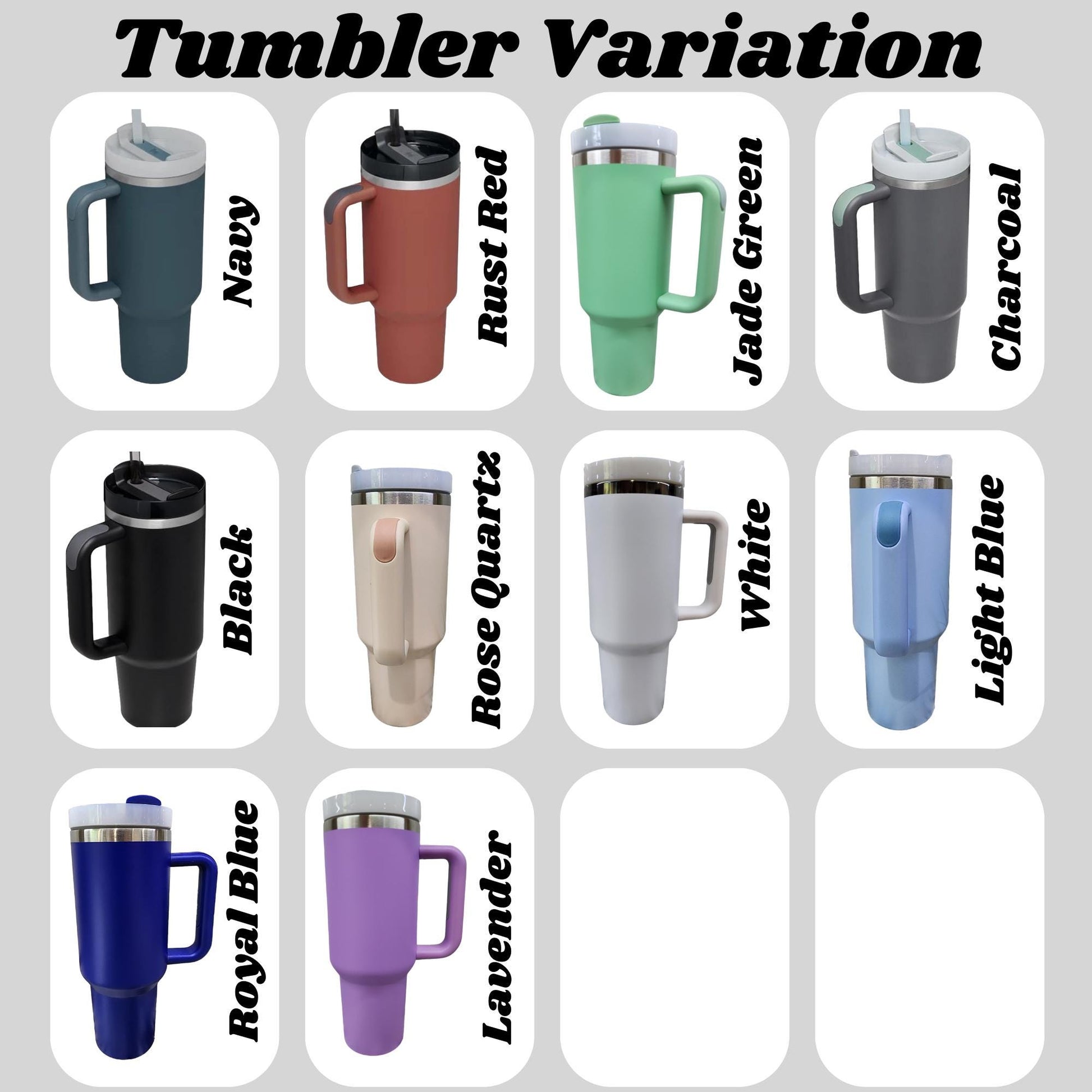 a collection of twelve different colored tumblers, each with a unique handle color and design.