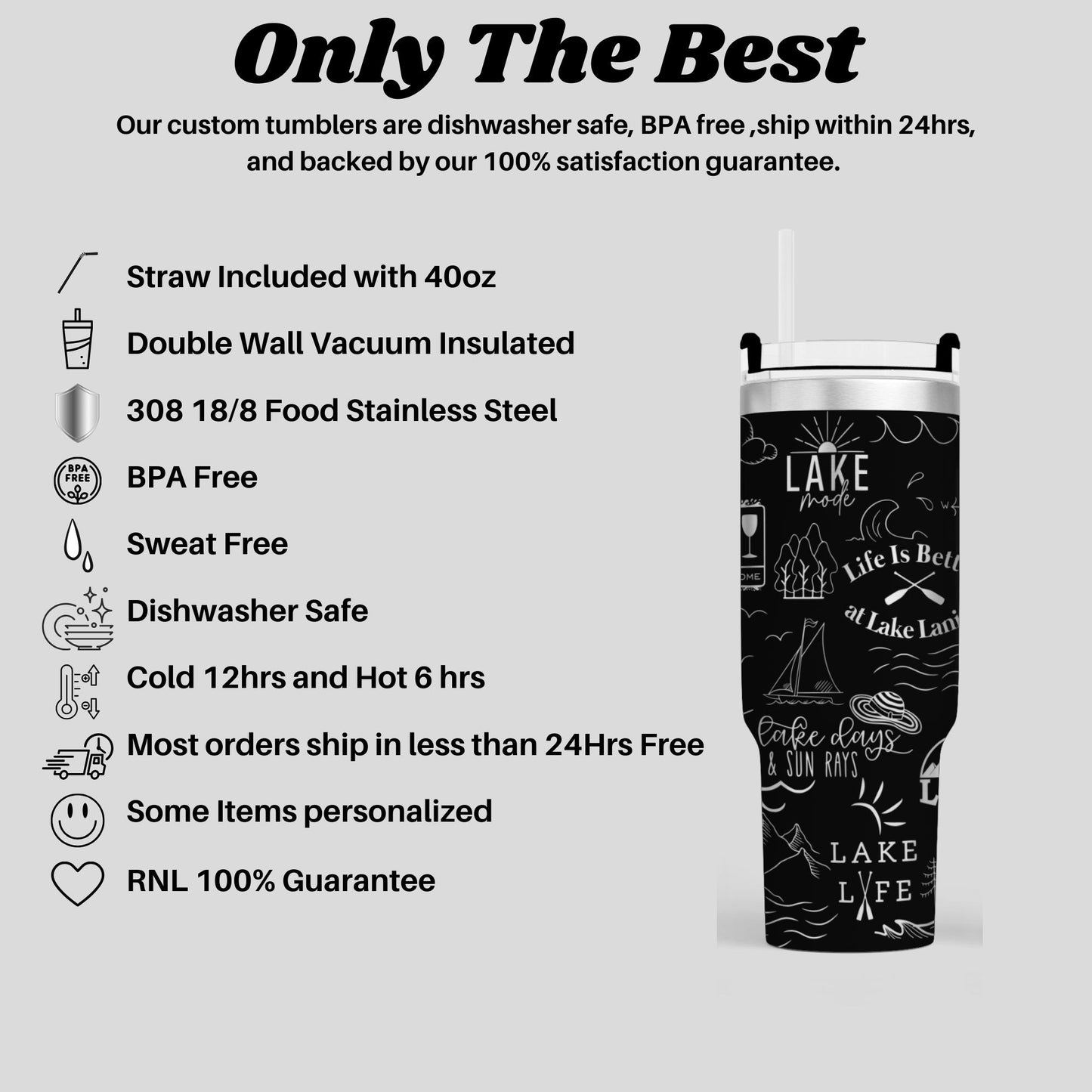 The image is a promotional image for a company that sells custom tumblers. It features a black and white image of a tumbler with various features and information about the product.