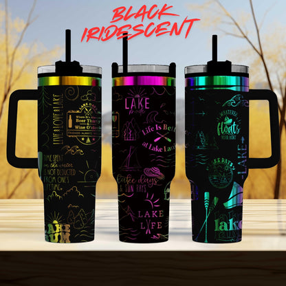 three colorful stainless steel tumblers with various designs and text printed on them.