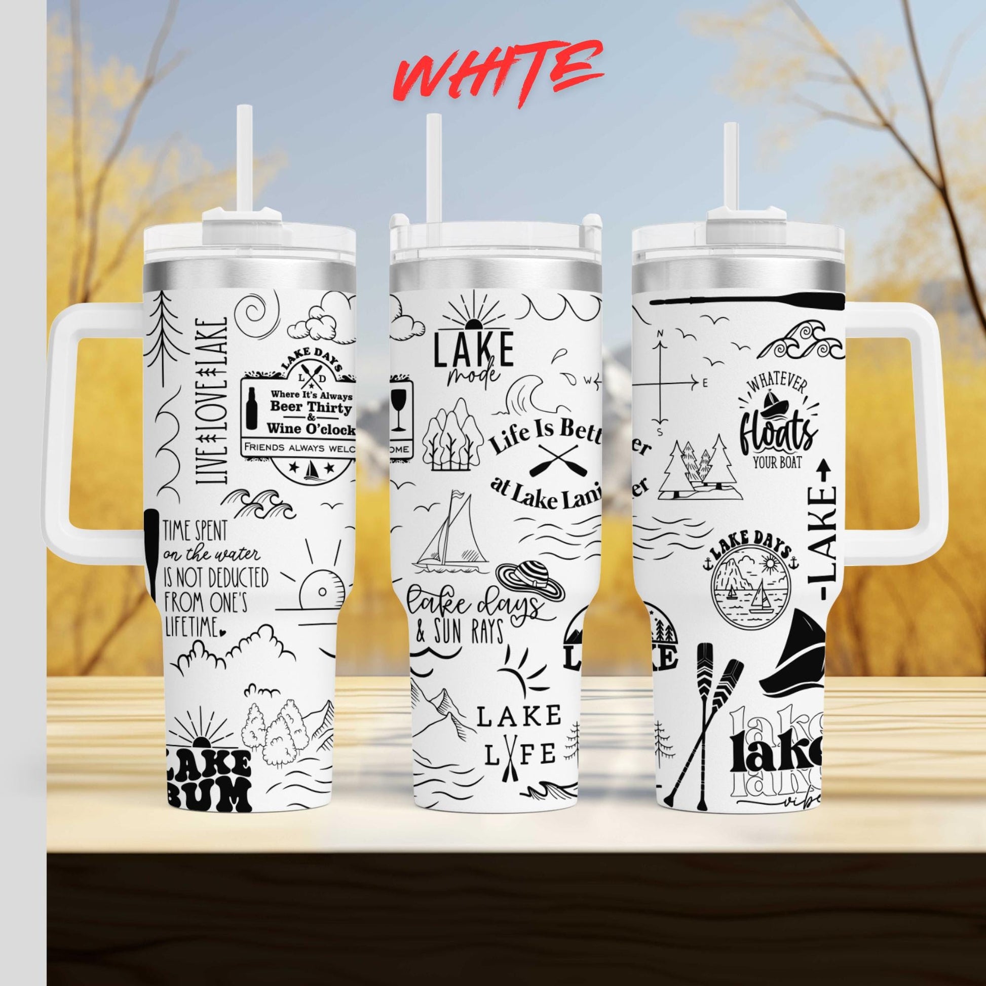 three white tumblers with black text and illustrations printed on them.