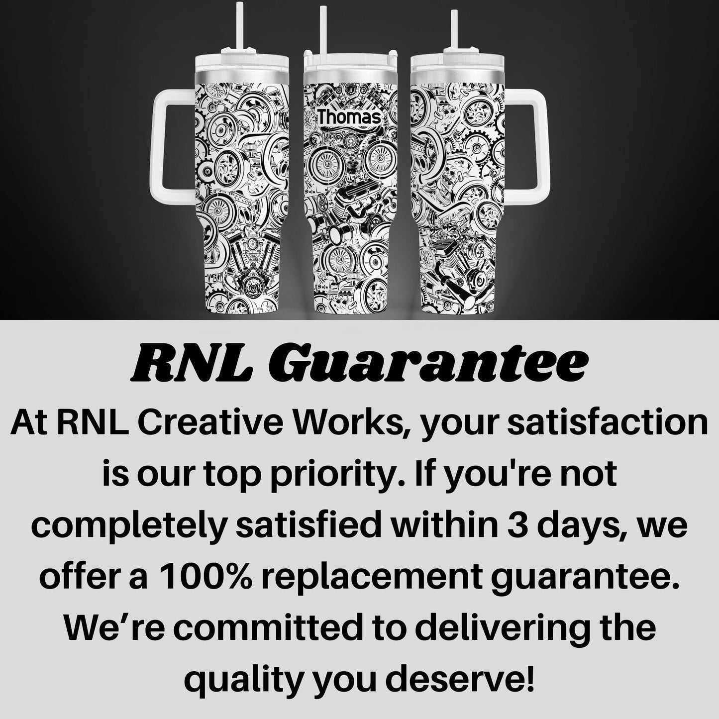three black and white patterned mugs with handles, arranged in a row against a dark background.