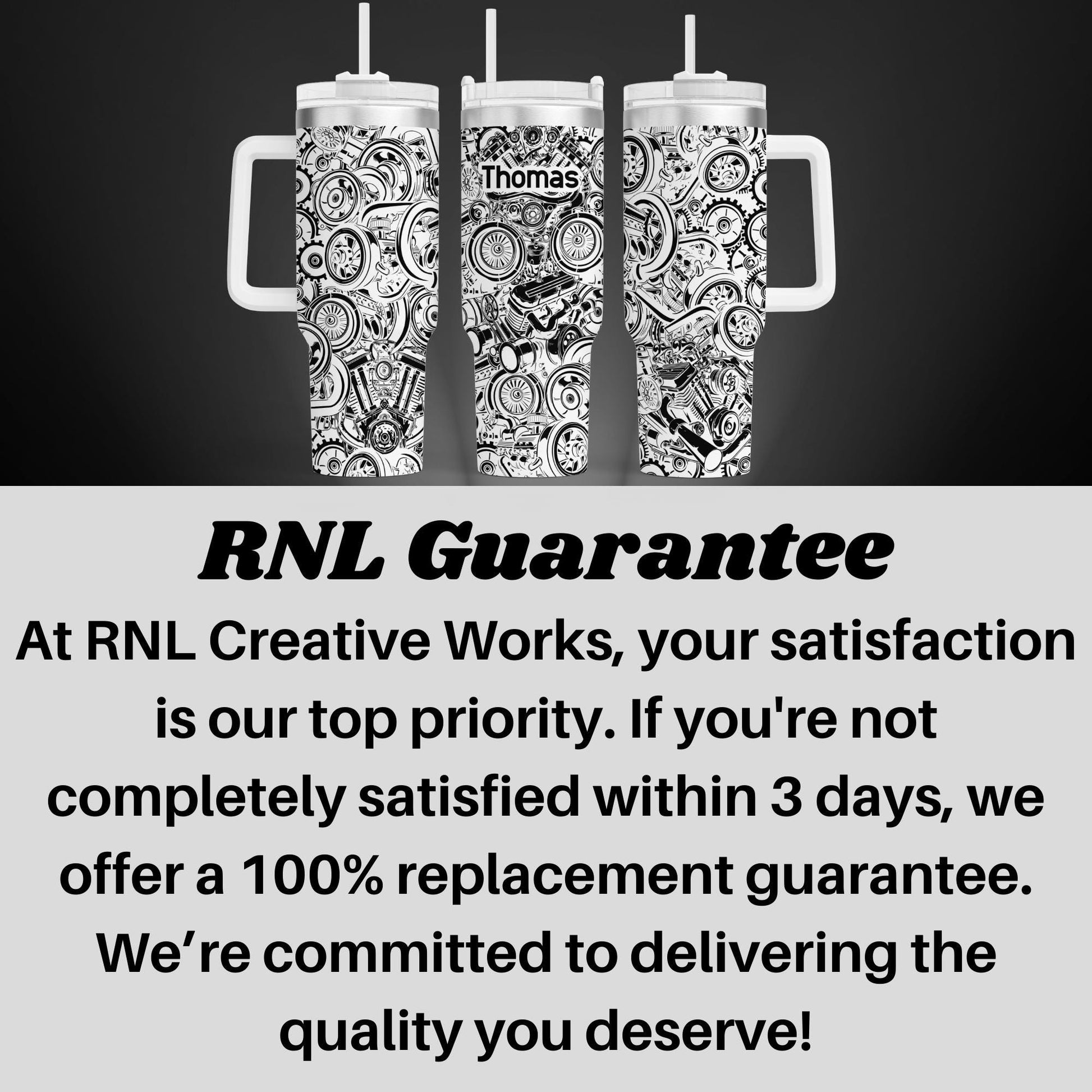 three black and white patterned mugs with handles, arranged in a row against a dark background.