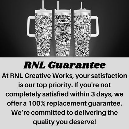 three black and white patterned mugs with handles, arranged in a row against a dark background.