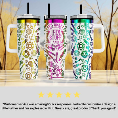 three colorful stainless steel tumblers with various designs and text on them. The tumblers are placed on a wooden surface, and there is a text overlay that includes a customer review expressing their satisfaction with the customer service.