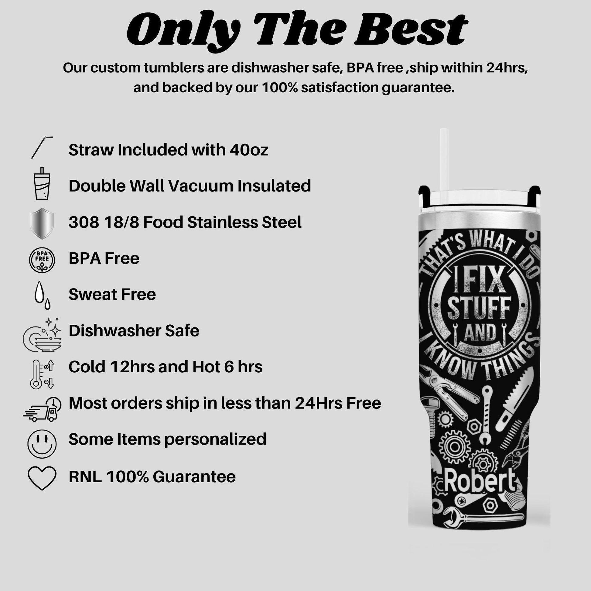 The image is a promotional image for a company that sells custom tumblers. It features a close-up of a stainless steel tumbler with various features highlighted, such as a straw, double wall vacuum insulation, stainless steel material, BPA free, sweat-free, dishwasher safe, cold and hot protection, and a 100% guarantee.