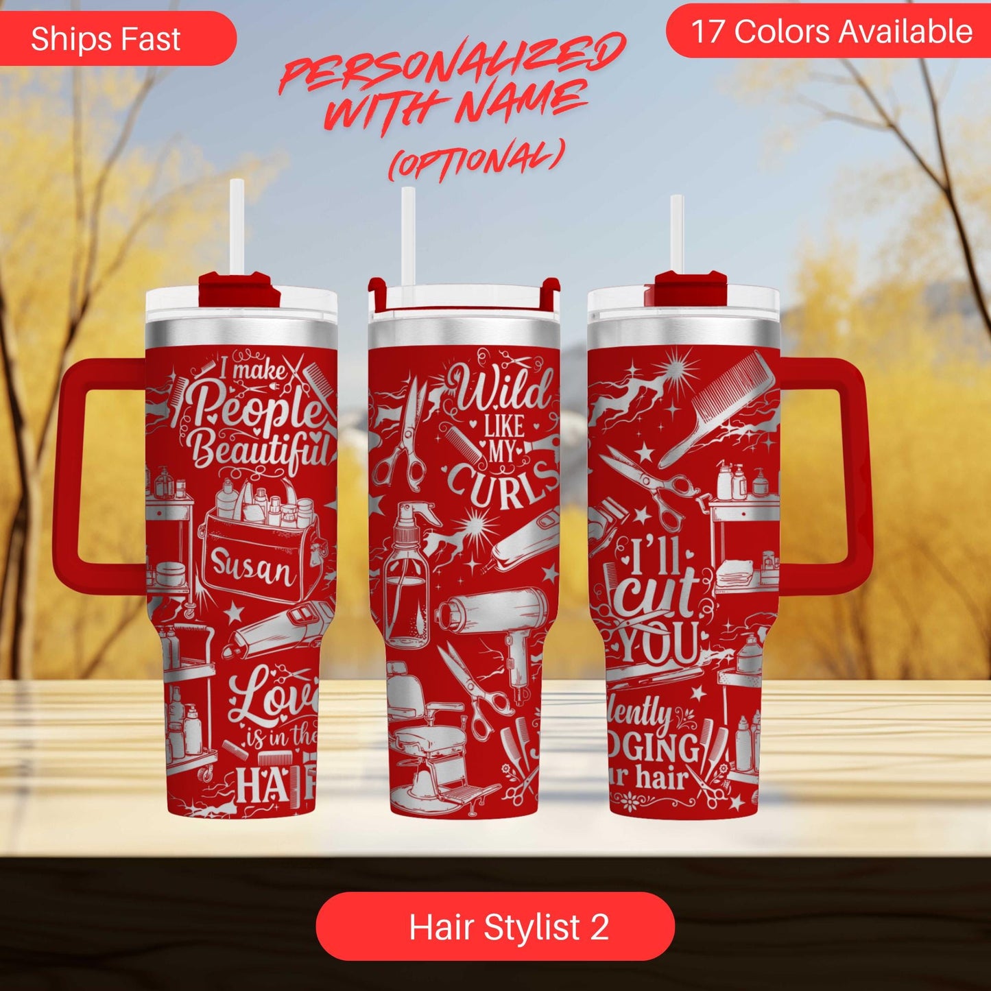 three red tumblers with personalized names and hair-related designs printed on them.