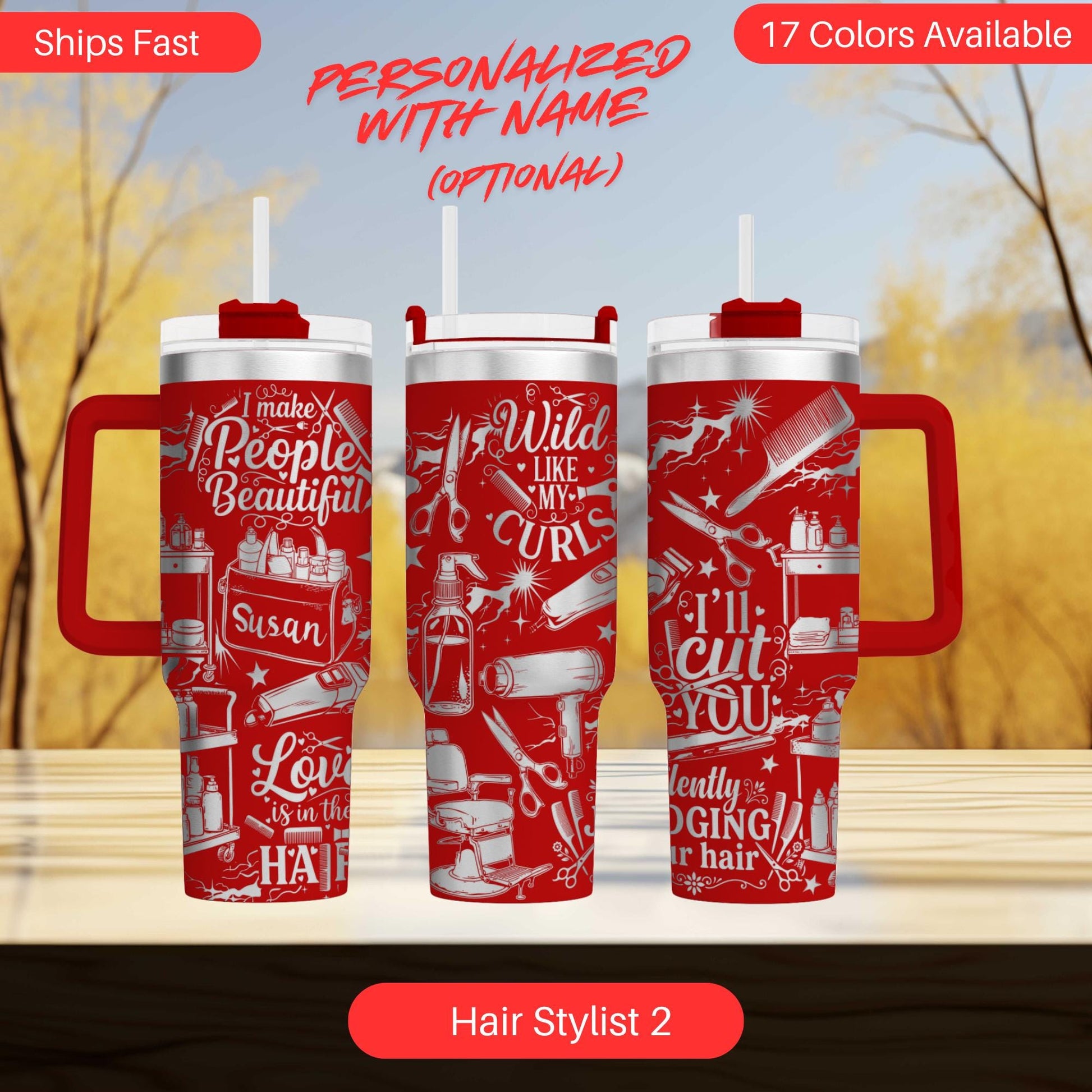three red tumblers with personalized names and hair-related designs printed on them.
