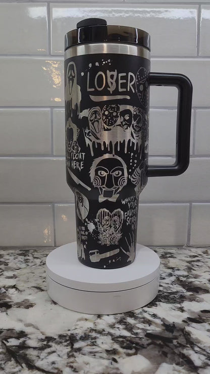 Halloween Horror Characters Themed Engraved 40oz Tumbler | Custom Insulated Travel Mug | Spooky Horror Lover Gift